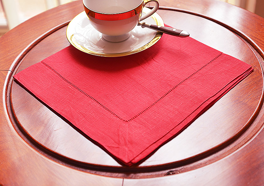 Red colored linen hemstitch napkin