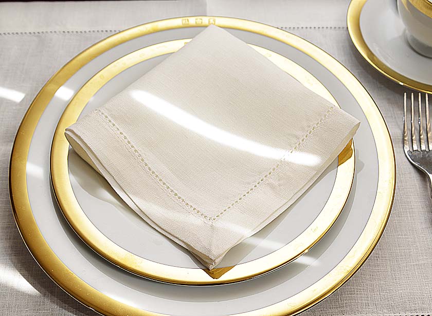 linen hemstitch luncheon napkin. english bone china colored
