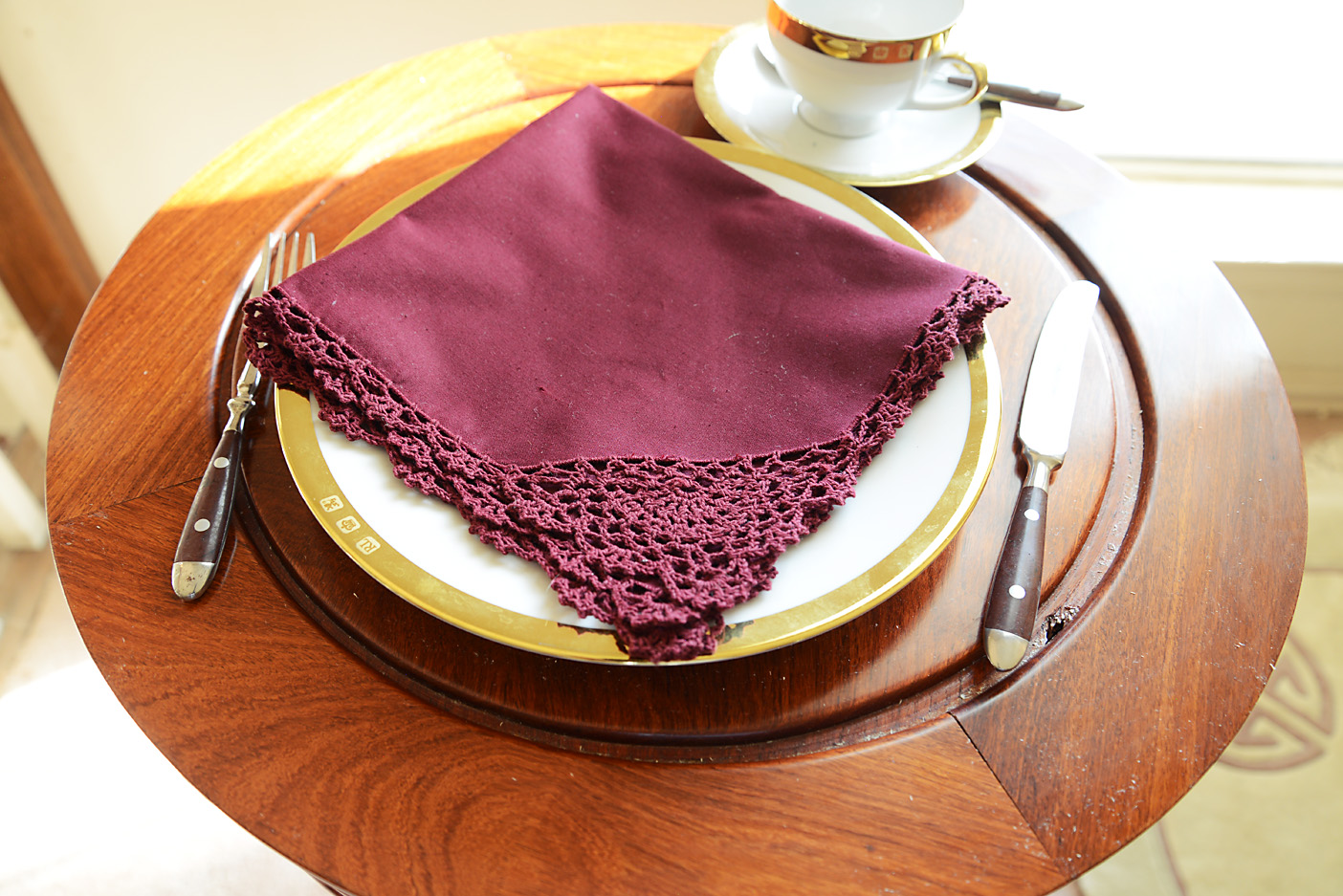 cotton napkin, merlot wine color napkin, cotton napkin crochet trims